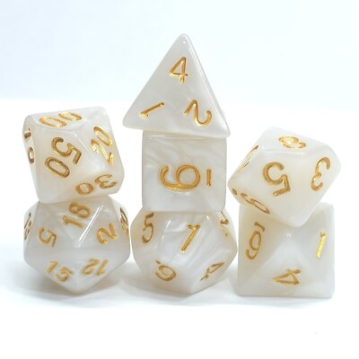 New 7 Piece Polyhedral Pearlescent Yeti White Dice Set With Dice Bag D&D RPG