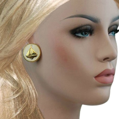 Vintage Nautical Cream Sail Boat Gold Tone Clip On Earrings 1 1/8