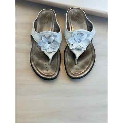 Women's Ecco Sandals Light Gray Flower Leather Thong Slip On Shoes Flat US 9