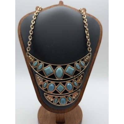 Unsigned Gold Tone Turquoise Cabochon Tiered Bib Statement Necklace Boho Teal