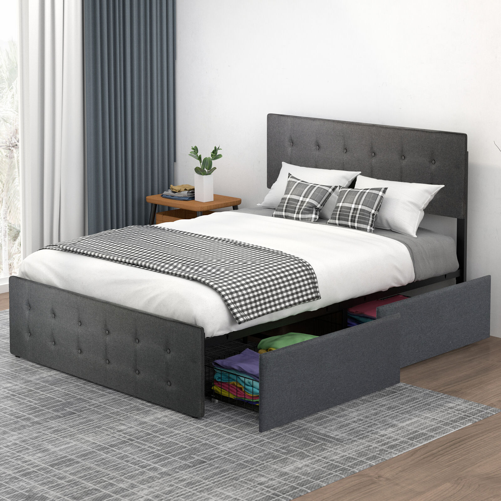 With Height Adjustable Headboard 4 Storage Drawer