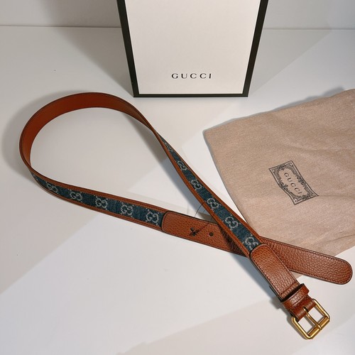 Pre-owned Gucci Denim Gg Monogram Dollar Calfskin Belt 95cm In Multicolor