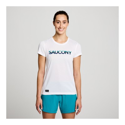 

Женская одежда Saucony с секундомером и коротким рукавом, белая графика,  одежда, White graphic