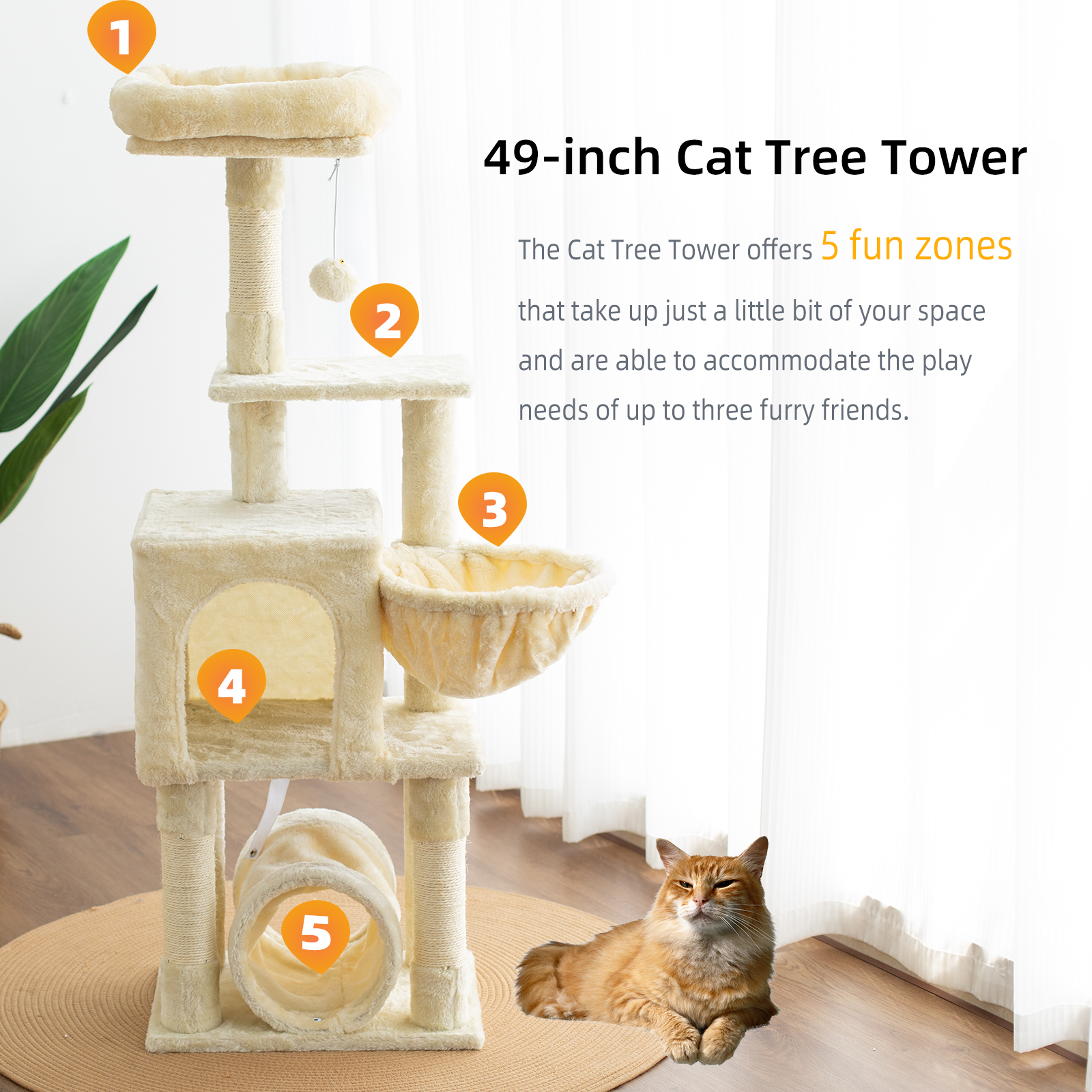 GOXIFACHOY Cat Tree Tower with Tunnel,Condo,Two Plush hanging ball,Large Cat Toy