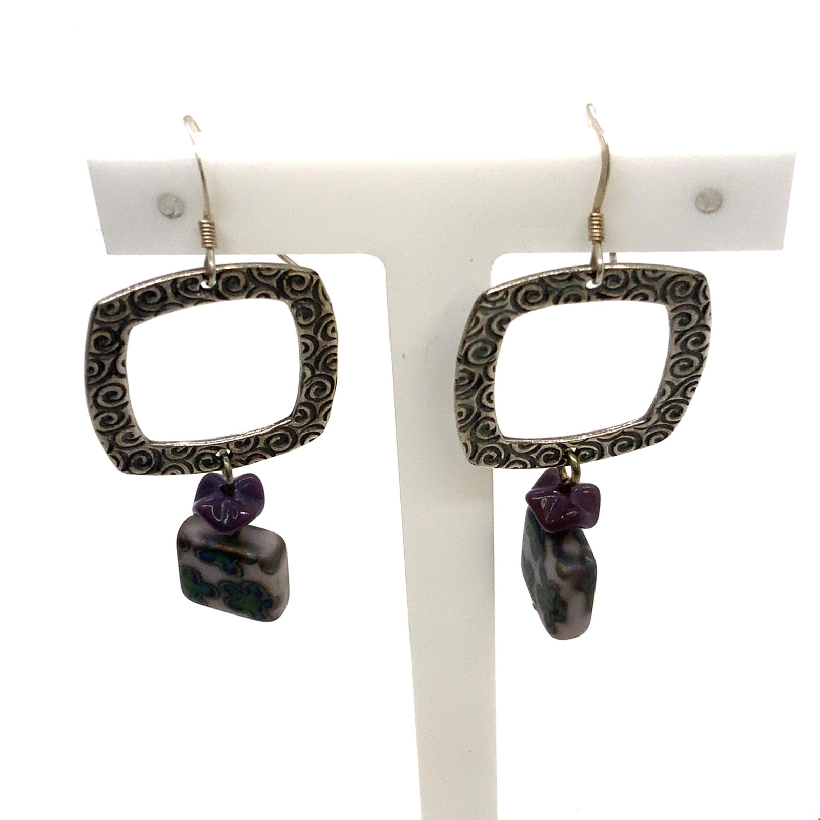 Vtg Signed Sterling JBB Joshua Benbassat Art Deco Square Beaded Dangle Earrings