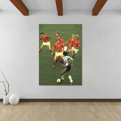 Diego Maradona taking on Belgium players - Canvas Rolled Wall Art Print