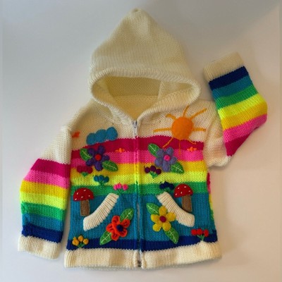 Hand Knit Peruvian Rainbow Baby Hooded Sweater 6 months