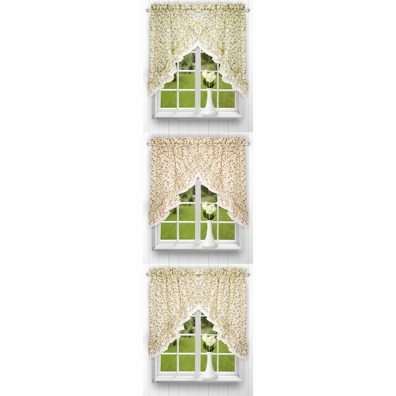 Ellis Curtain Clarice 2 Piece Leafy Branch Patterned Ruffle Swag