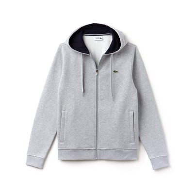 

Мужская худи Lacoste Silver Chine/темно-синяя спортивная с молнией во всю длину из матового флиса, Silver chine/navy blue