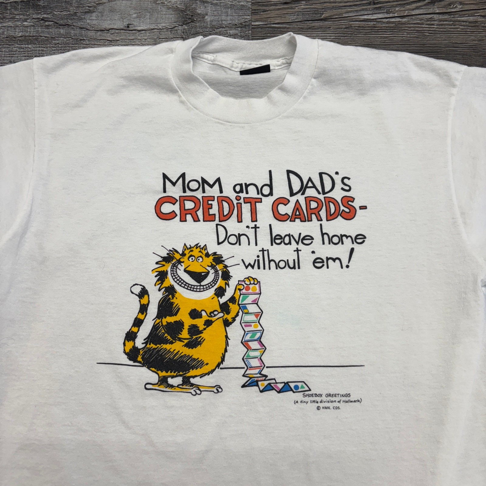 Vintage Best Shoebox Greetings White Mens XL Mom Dad Tower Credit Cards T-Shirt
