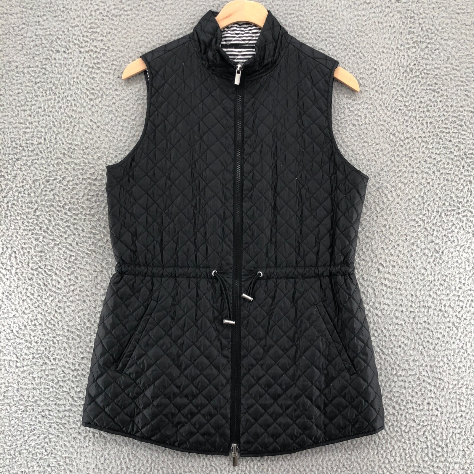 ジャケット・アウター reversible short vest Chicos Vest Womens Small Black White Stripe Zenergy