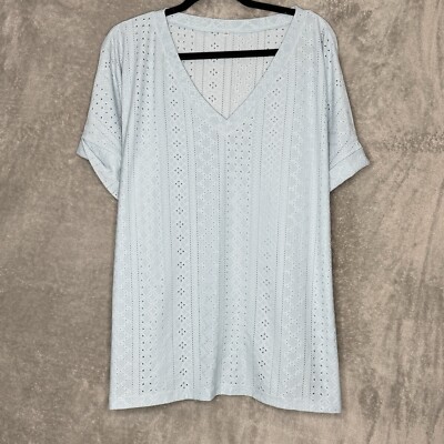 Amazon 2X Shirt Top Blue Solid Striped Eyelet Short Sleeve V Neck Stretch Knit