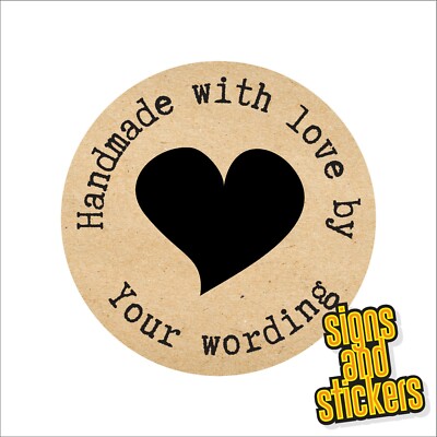 6x 88mm Diam Personalised Handmade With Love Stickers Shabby Kraft Heart 1