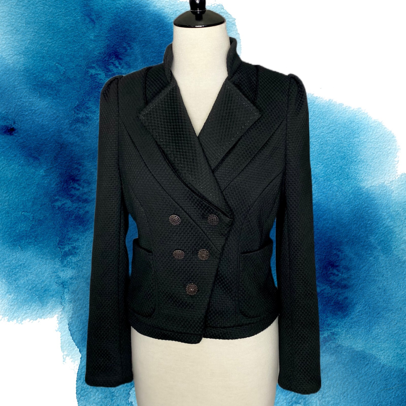 BLACK Double Breasted Cropped Jacket w-Ruched Shoulders