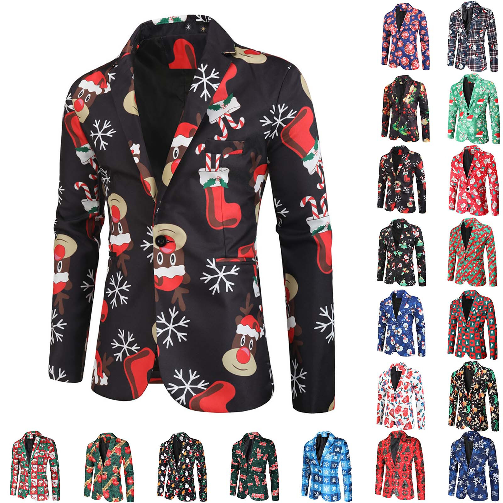 Men's Fashion Casual Christmas Printed Suit Jacket Top Blouse