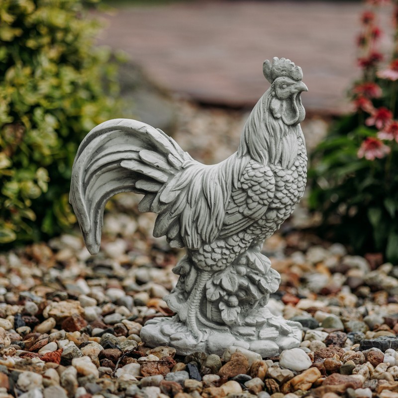 Coq Haushahn Gockel Sculpture En Pierre H.36 Cm 12 X 30 Cm Gris 8 Kg BÃ©Ton