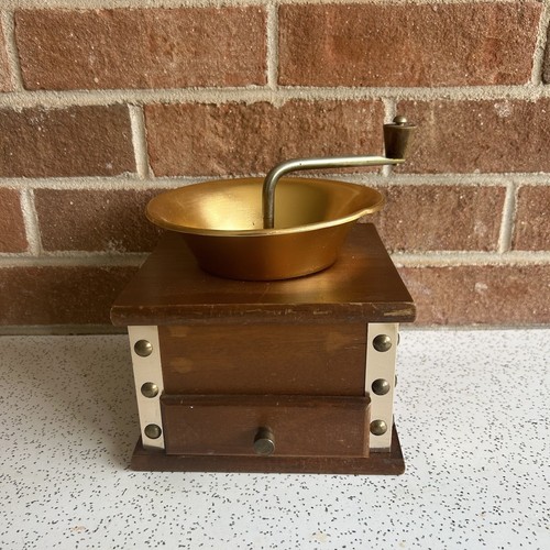 Vintage Farmhouse Wooden Coffee Grinder Drawer Gold Tone Har