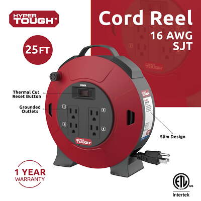 25ft Retractable Cord Reel, 4 Outlets, On/Off Switch and 16AWG SJT, Black