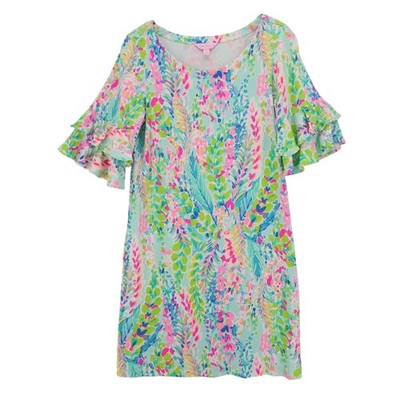 LILLY PULITZER Lula Dress Multi Catch The Wave Ruffle Sleeve Stretch Size SMALL