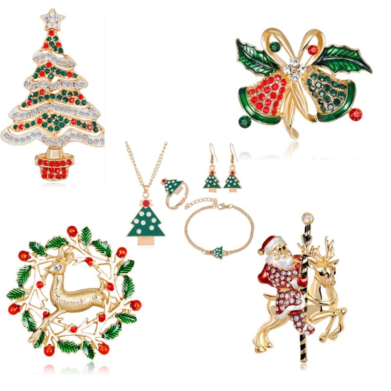 8pcs Christmas Tree Santa Brooch Necklace Bracelet Earring Jewelry Set Xmas Gift
