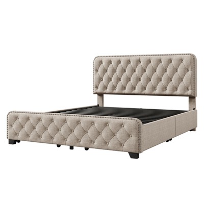 Upholstered Queen Platform Bed Frame with 4 Drawers Tufted Headboard & Footboard
