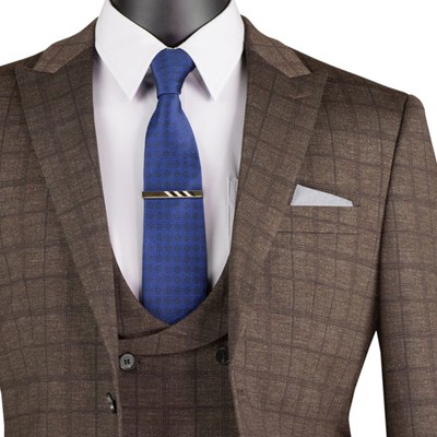 VINCI Men's Brown Plaid Stretch 3-Piece Slim-Fit 2-Button Suit - NEW