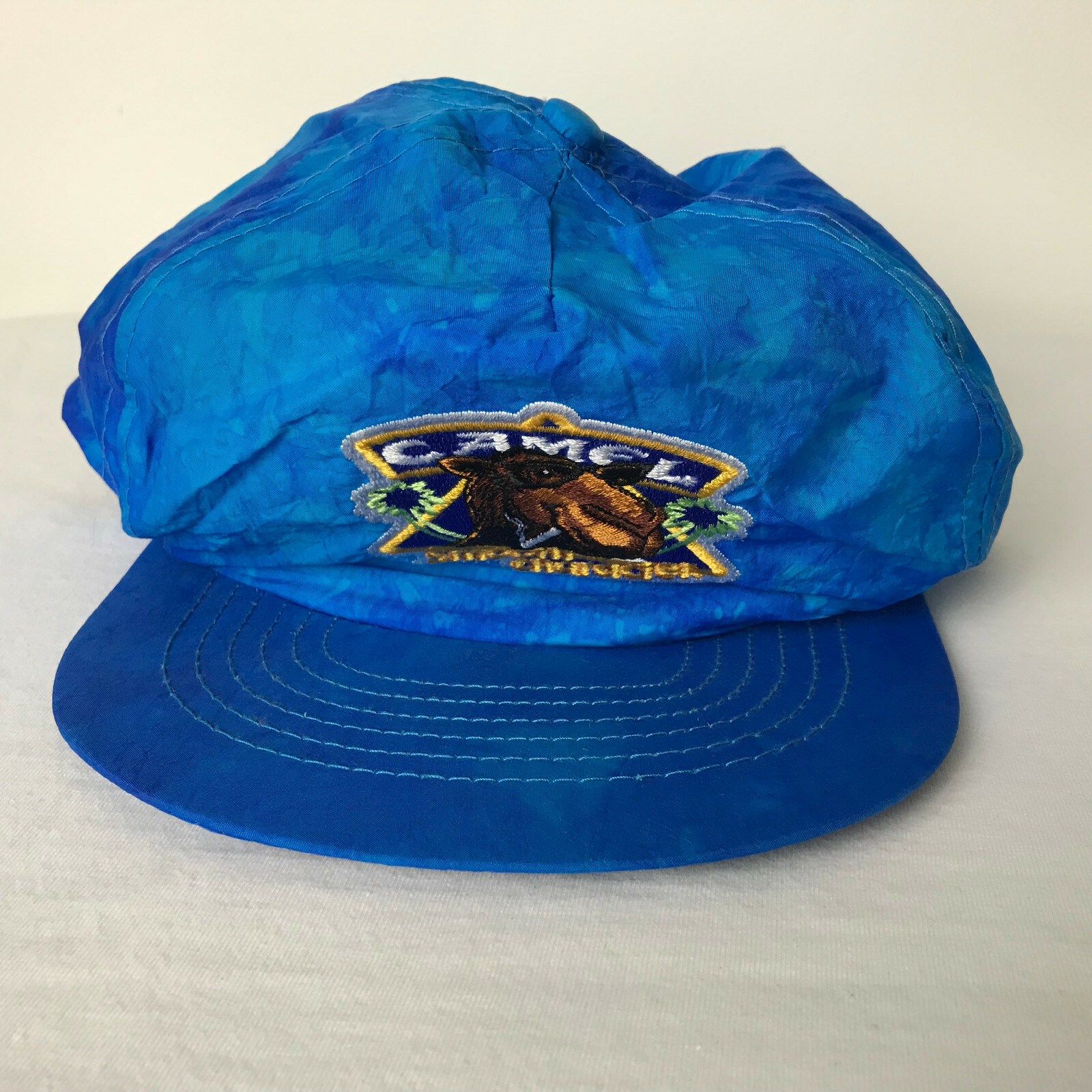 Vtg 80s Joe Camel Smooth Character Hat Cap Beach Tie Dye SnapBack Cap Blue WORN