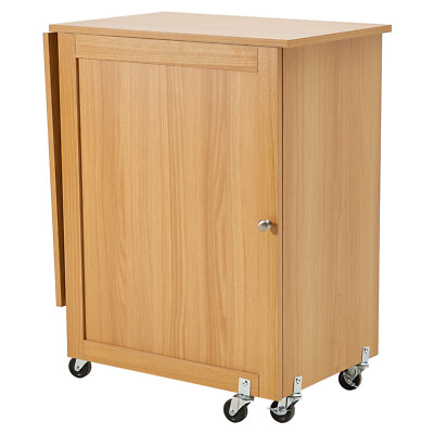 Folding Sewing Table with Lockable Wheels Storage Shelves Trays Door Wood Color