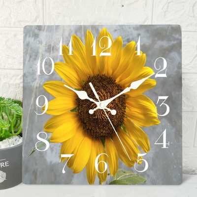 Sunflower Flower Plant Wooden Wall Clock Silent Non-Ticking, Yellow Floral Gr...