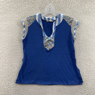 Vintage Fritzi Unique Blue Striped Floral Crochet Net Sleeve Top Womens L Large