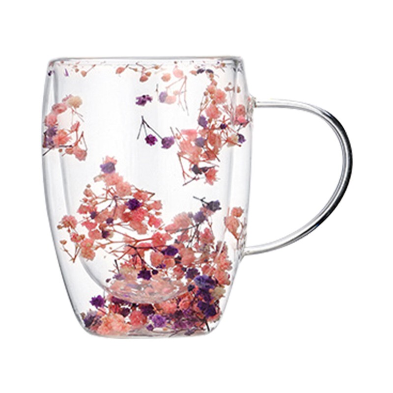 Dry Flowers Double Wall Glass Cup With Handle Heat Resistant Tea Coffee Mug
