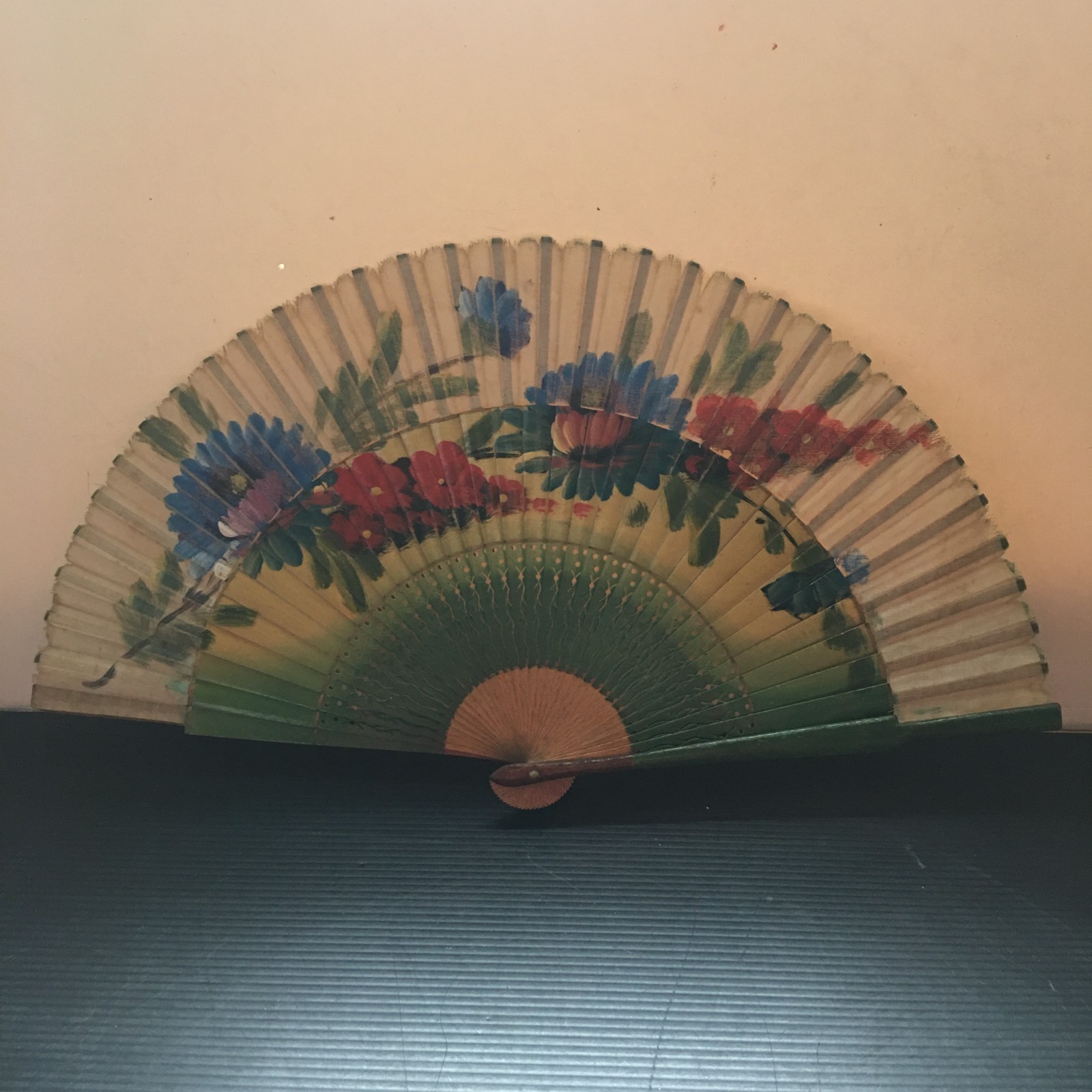 Antique /Vintage Hand-painted on Fabric Floral Wooden Hand Fan 9.25"L