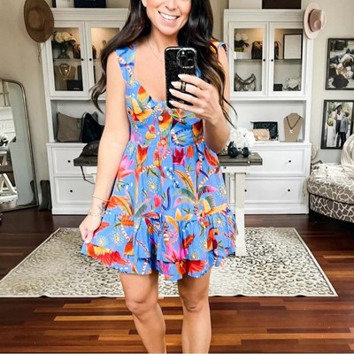 Farm Rio Blue Macaw Party Mini Dress L