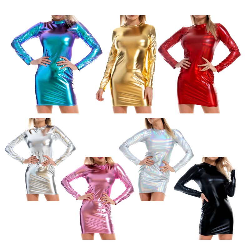 Sexy Women's Shiny Long Sleeve Bodycon Mini Dress Slim Fit Pencil Dress Clubwear