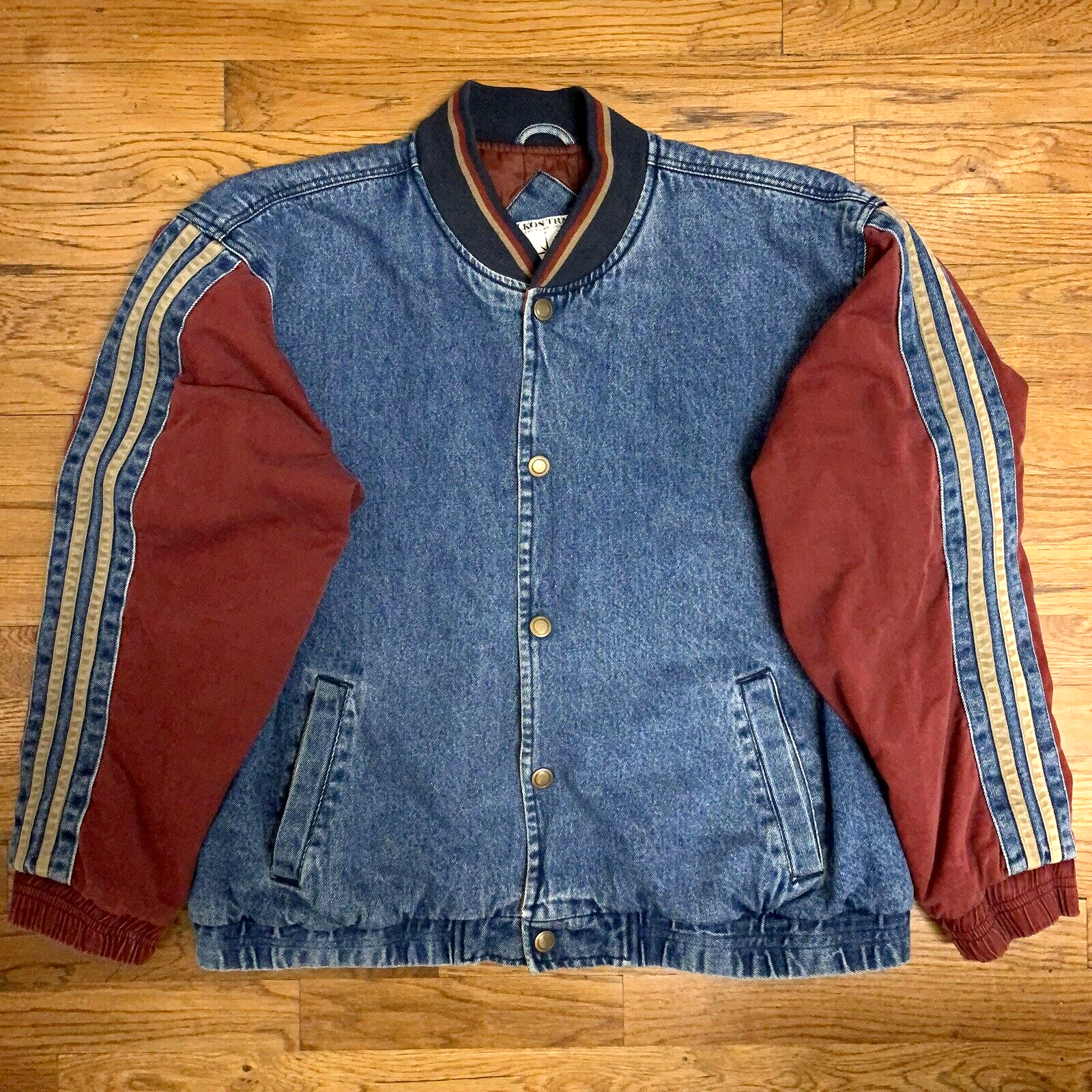 Vtg Denim Varsity Bomber Jean Jacket Mens Striped Sleeves