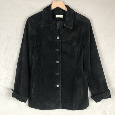 LORD & TAYLOR Suede Lether Jacket Women's Sz M Black Button Front Lined Pockets