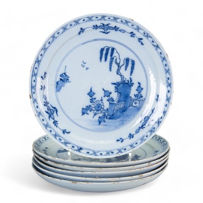Set of 6 Antique Dutch Delft Blue pancake plates, Chinoiserie dec. 18th ct.