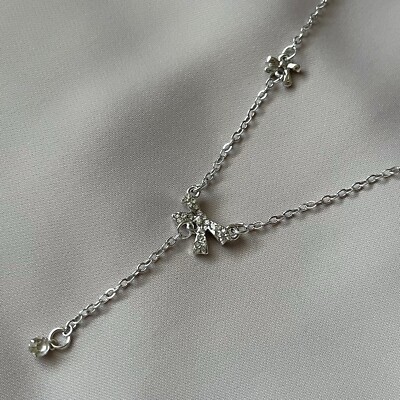 Coquette Ribbon Necklace | Silver Bow Cute Stone Pearl  🎀with Surprise Gifts🎀