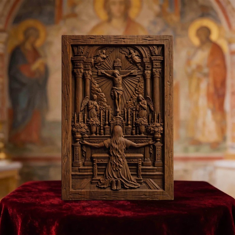 Praying in Church to Jesus Christ Wood Carved Handmade Christian Icon Home Decor