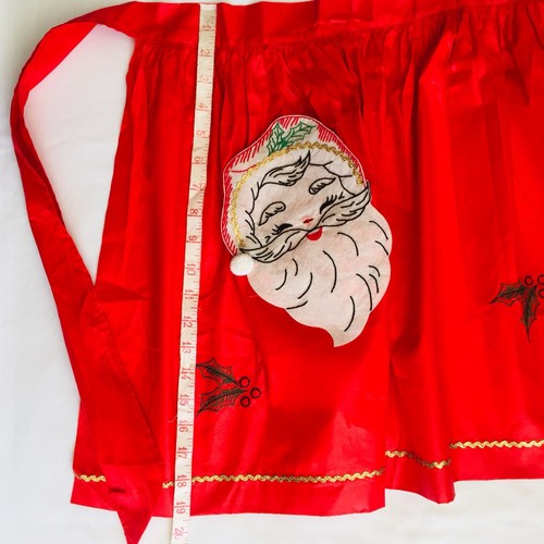 Vintage Christmas Half Apron Santa Applique Red Gold Holly 1950s Mid Century USA