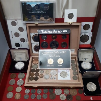 Estate Coin Lot Collection & Wood Cigar Box U.S. & Foreign Peace Dollar 
