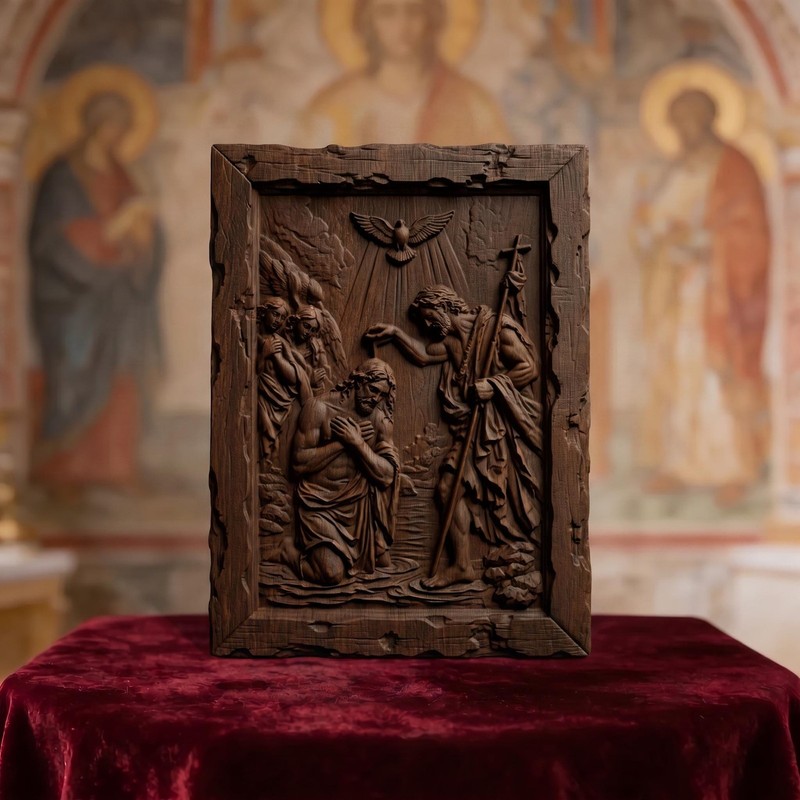Saint John and the Baptism of Jesus Christ Wooden Carved Handmade Christian Icon