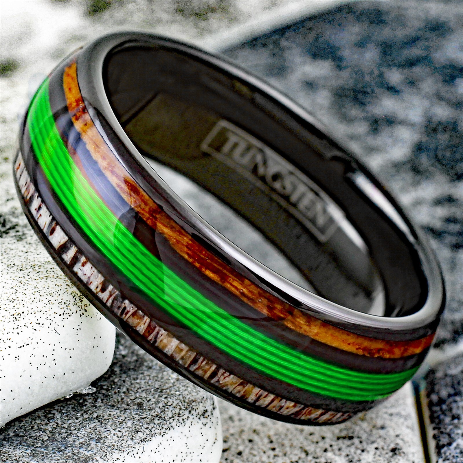 Black Tungsten Carbide Ring Green Fishing Line-Whiskey Barrel & Deer Antler Band