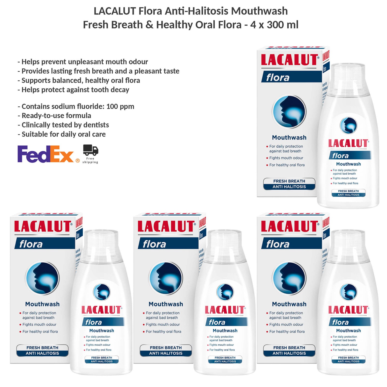 4x LACALUT Flora Anti-Halitosis Mouthwash Fresh Breath, Healthy Oral Flora 300ml