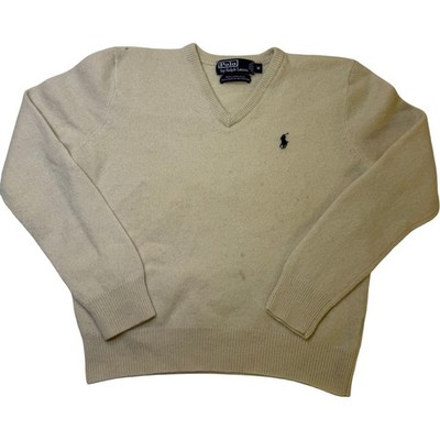 Polo Ralph Lauren V-Neck Sweater Mens M Cream Fair 100% Lambswool Knit Pullover