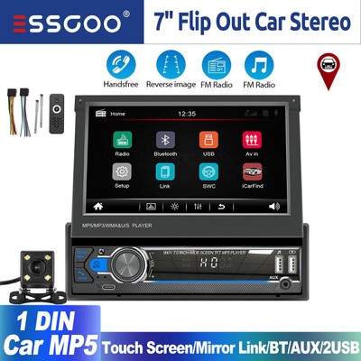 ESSGOO Flip Out Single 1 DIN 7'' Car Stereo Touch Screen Head Unit AUX USB Camera