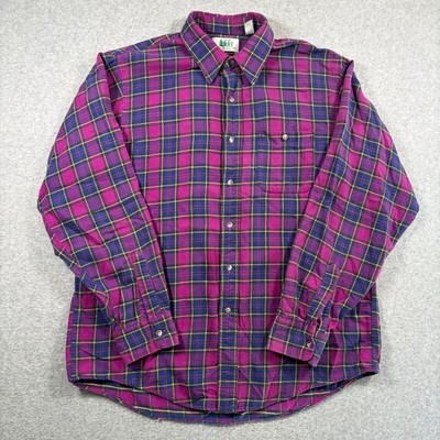 Vintage REI Flannel Shirt Mens Large Purple Plaid Cotton Long Sleeve Button Up
