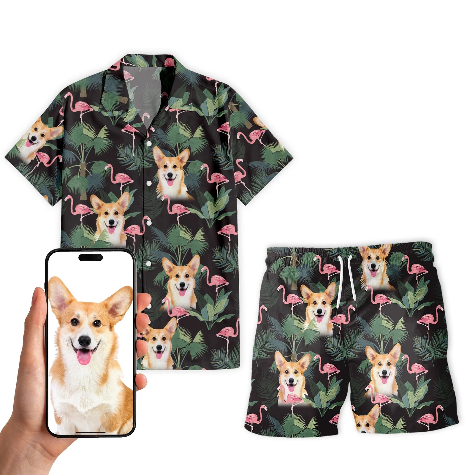 Personalize Pet Hawaiian Shirt Set, Custom Dog Face Pink Flamingos & Palms Hawai