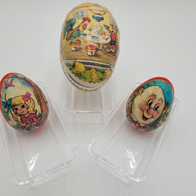 3 VTG PAPER MACHE EASTER EGGS 1-6'' GERMAN DEMOCRATIC REPUBLIC  & 2-4'' KOREA