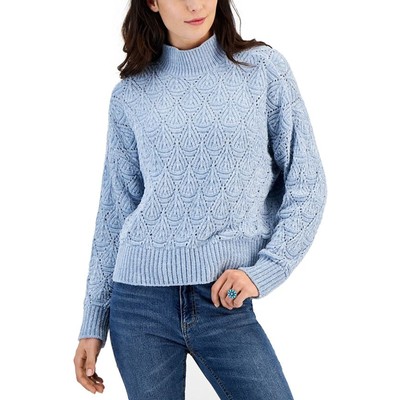 SUGAR MOON Sweater Juniors' Medium Light Blue Mock-Neck Chenille Pointelle